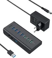 [CB-H19] AUKEY Powered USB Hub CB-H19, 7-Port USB 3.0 Hub with 3 Charging Ports, 4 USB 3.0 Data Ports, 12V / 3A Power Adapter, On/Off Switch for Laptop, PC, Mac, Hard Drive (Black)