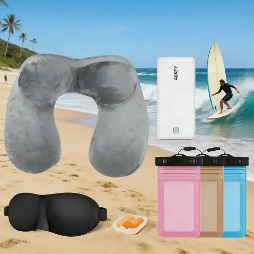 3-in-1 Travel Pillow Set with 20000mAh Power Bank & Waterproof Phone Case – Ideal for Bus Trips & Surf Camp